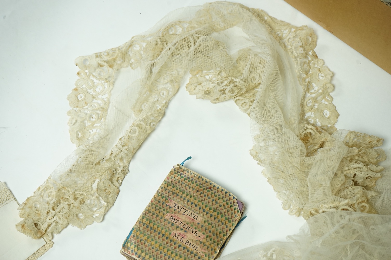 A Honiton lace wedding veil, (that has been cut into pieces), a Honiton edged collar, white worked jabot, various lace hankies etc. condition variable, very useful for theatre and film costume dramas.